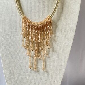 Gold Tone Collar Necklace Pink Champagne Glass Bead Fringe Statement 16–18 Inch